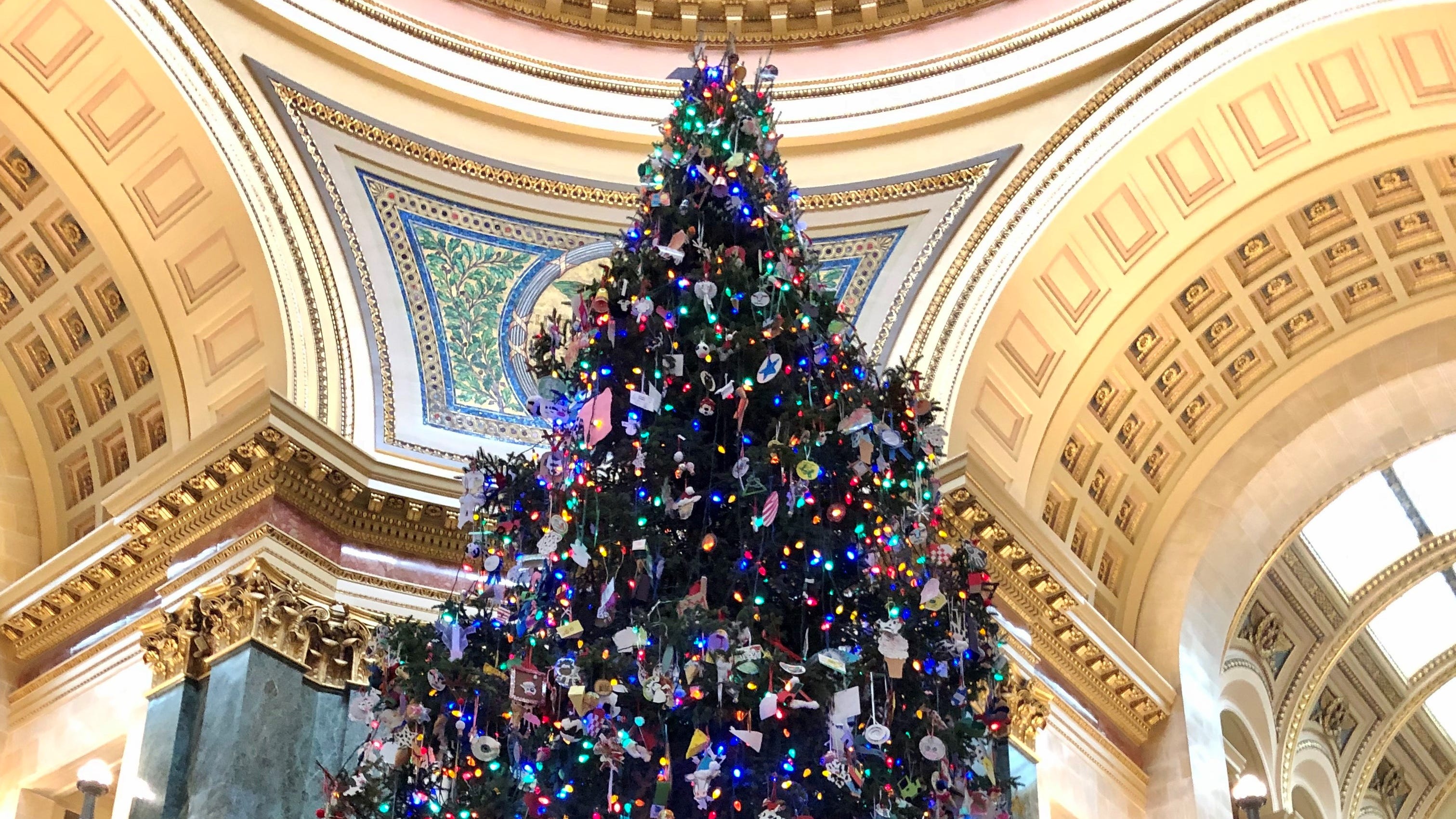 A child looks at the evergreen in the Wisconsin State Capitol on Dec. 22, 2018. The tree that sits in the Capitol rotunda during November and December will again be called a Holiday Tree, Gov. Tony Evers announced Friday. Former Gov. Scott Walker had called it a Christmas Tree.