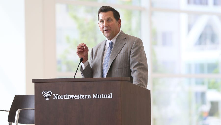 CEO John Schlifske speaks during the opening of the new 32-story Northwestern Mutual Tower and Commons in downtown Milwaukee.