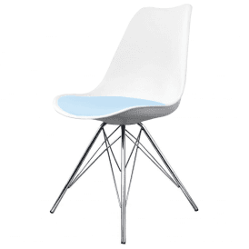 Eiffel Inspired White and Blue Dining Chair with Chrome Metal Legs