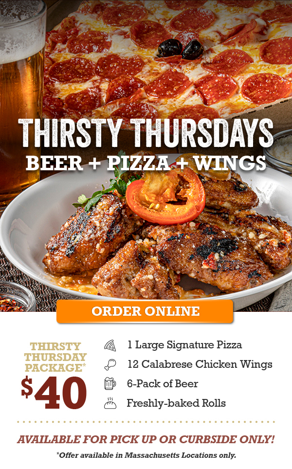 Thirsty Thursdays - Beer + Pizza + Wings. Click to order