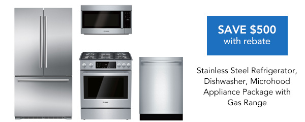 Bosch Stainless Steel Refrigerator, Dishwasher, Microhood Appliance Package with Gas Range