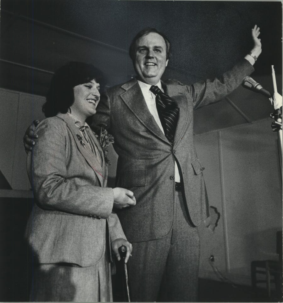 Cheryl Sensenbrenner, shown with her husband, U.S. Rep. James Sensenbrenner, after an election victory party in Menomonee Falls in 1978.