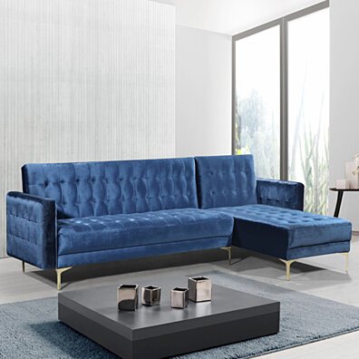 Gerwyn Right Facing Convertible Sectional Sofa Velvet Upholstered Gold Tone Metal Y-Leg