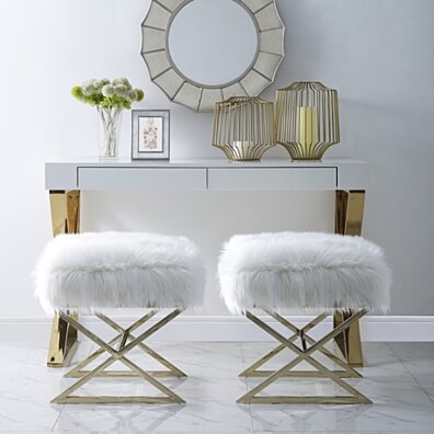 Liam Faux Fur Ottoman - Stainless Steel | Gold or Chrome X-legs | Living Room, Entryway, Bedroom | Inspired Home