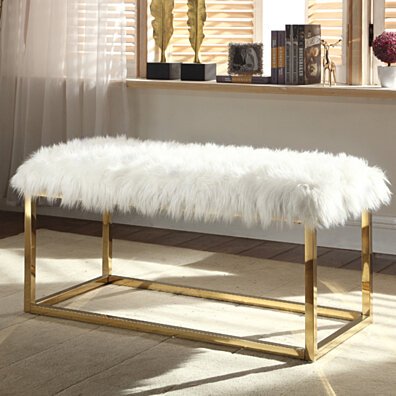 Audrey Bench Ottoman Faux Fur Brass Finished Stainless Steel Metal Frame