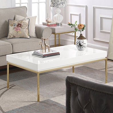 Alcyone Center Coffee Table Rectangular Frame High Sheen Lacquer Finish Top Gold Plated Metal Legs