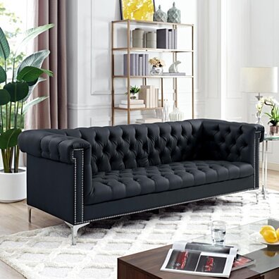 Steffi Leather Chesterfield Sofa - Silver Metal Legs | Button Tufted | Nailhead Trim | Modern | Livingroom | Inspired Home