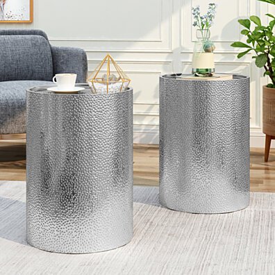 Kaylee Modern Round Hammered Iron Accent Table (2 Pack) - Silver