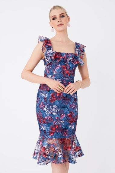 Fonteyn Prussian Blue Floral-Print Lace Pephem Midi Dress