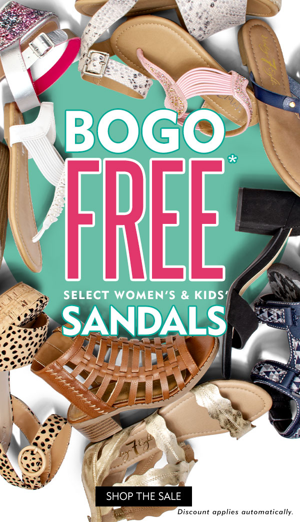 Buy one get one free sandals. Shop the sale. Discount applies automatically.