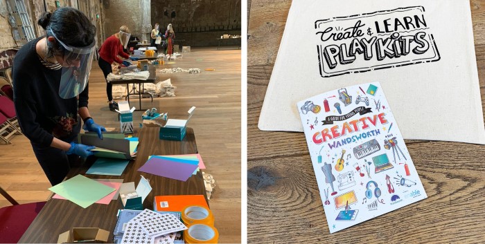 LEFT: People wearing PPE organise bright craft materials. RIGHT: a tote bag and activity pack.
