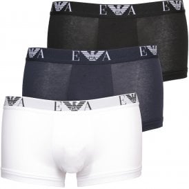 3-Pack Essential Monogram Stretch Cotton Boxer Trunks, Black/White/Navy