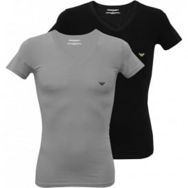 2-Pack Stretch Cotton V-Neck T-Shirts, Black/Grey