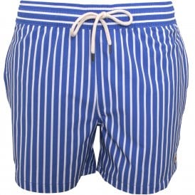 Striped Slim-Fit Traveller Swim Shorts, Blue/white