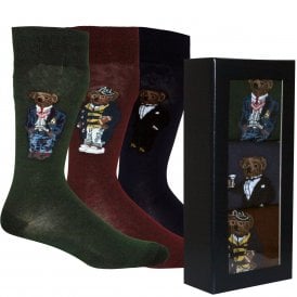 3-Pack Multi Bears Flat-Knit Socks Gift Box, Navy/Green/Burgundy