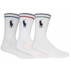 3-Pack Retro Stripe Sports Socks with Pony Player, White