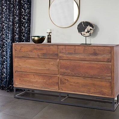 Modern Acacia Wood Dresser With Metal Base, Walnut Brown and Black