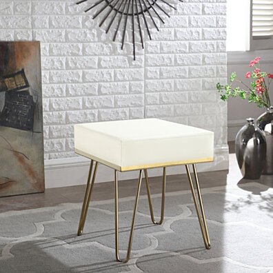 Catharin Square Ottoman PU Leather Upholstered Brass Finished Frame Hairpin Legs