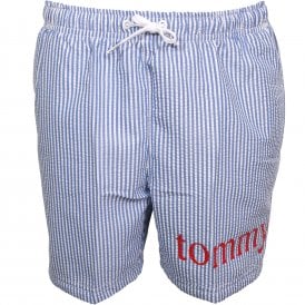 "tommy" Logo Boys Seersucker Swim Shorts, Blue