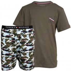 Logo T-Shirt & Shorts Boys Pyjamas Gift Set, Khaki