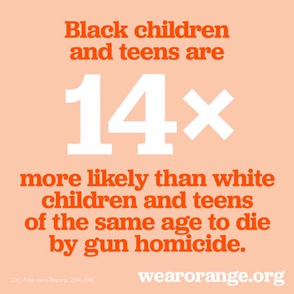 Black children and teens are 14x more likely than white children and teens of the same age to die by gun homicide. wearorange.org