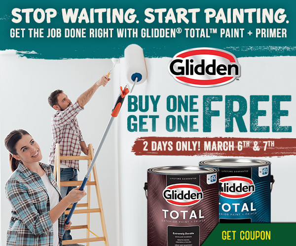 BOGO Glidden Total Paint + Primer on March 6 & 7