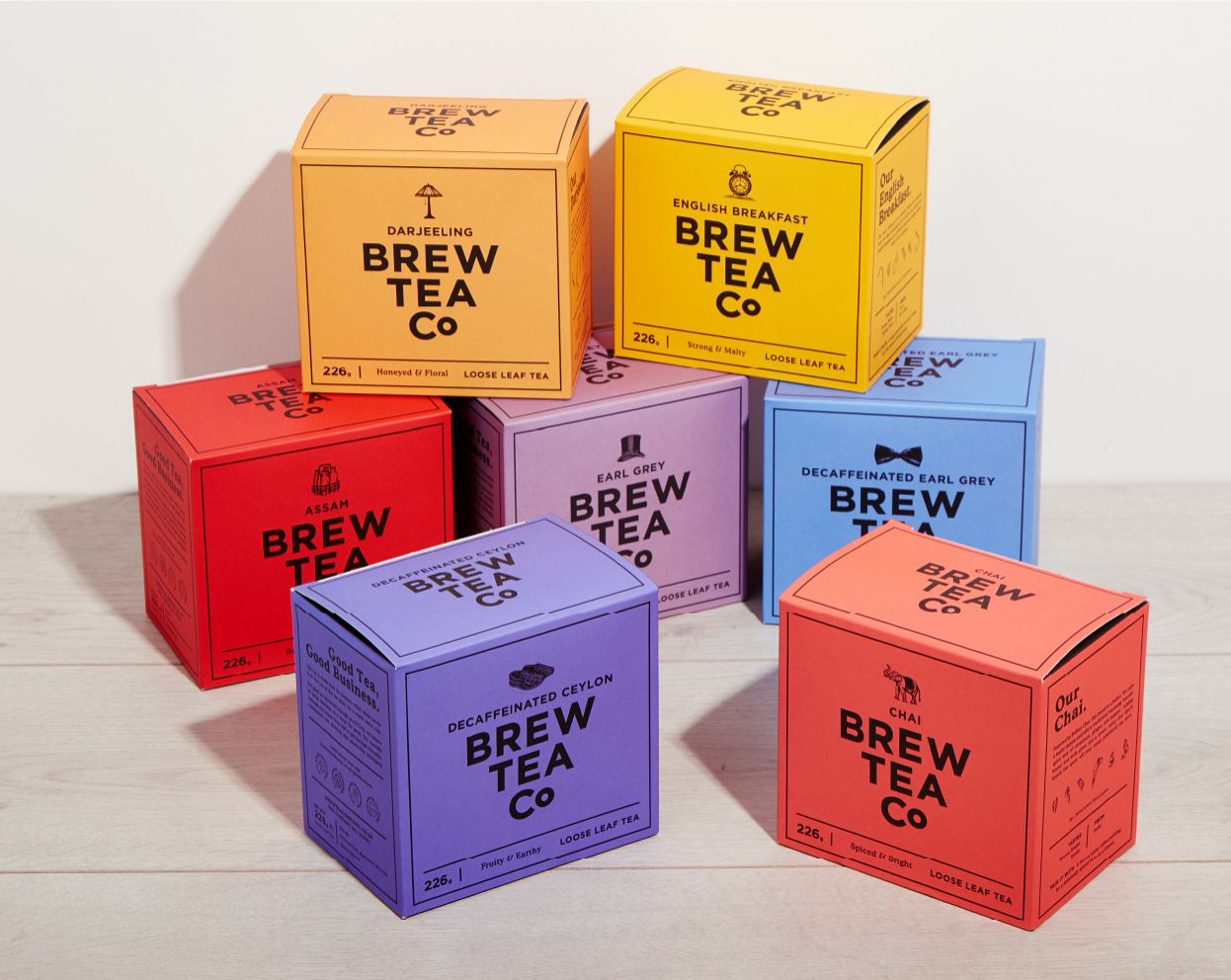 Colorful stack of Brew Tea boxes