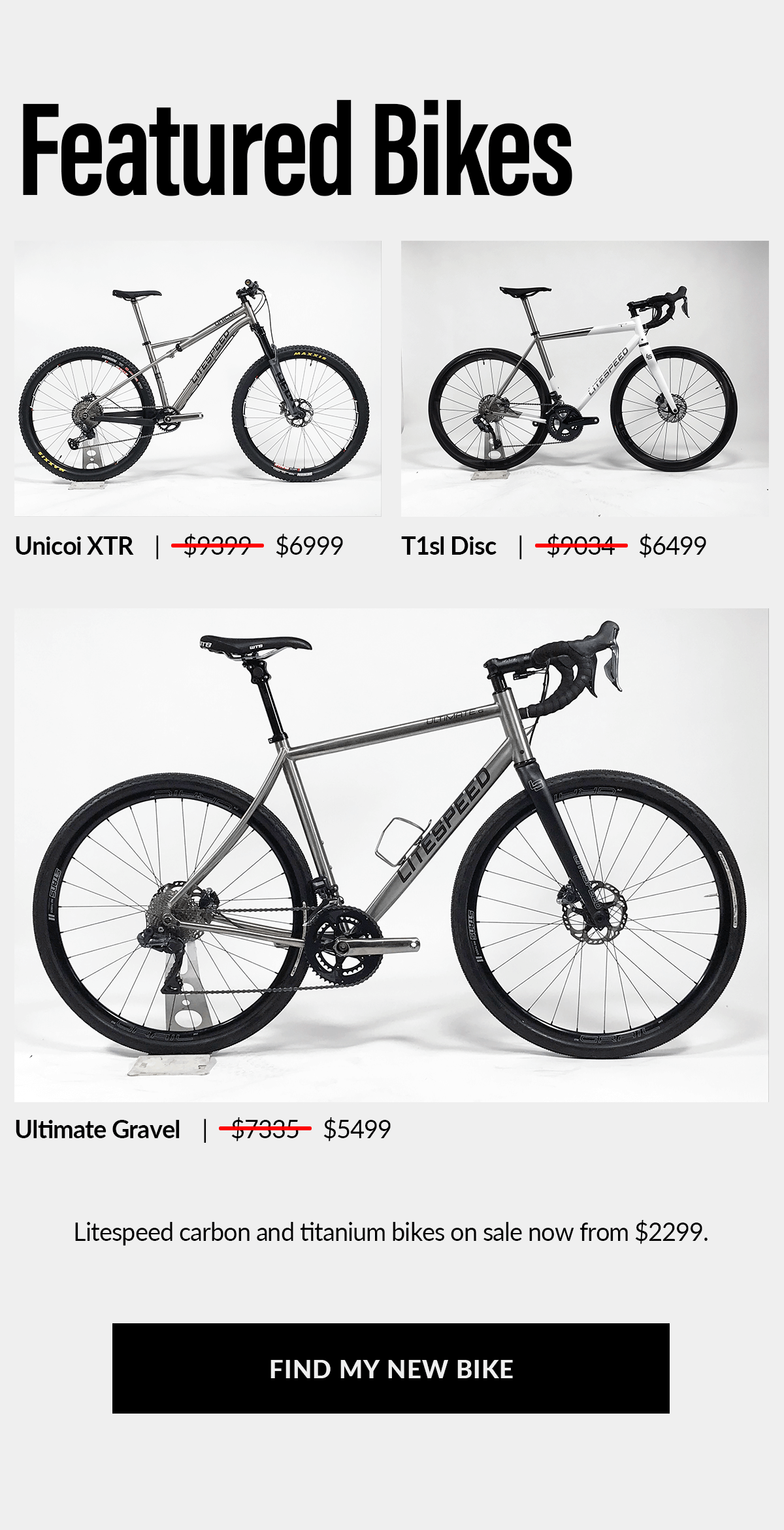 Featured sale bikes: shop for your new titanium or carbon bike now.