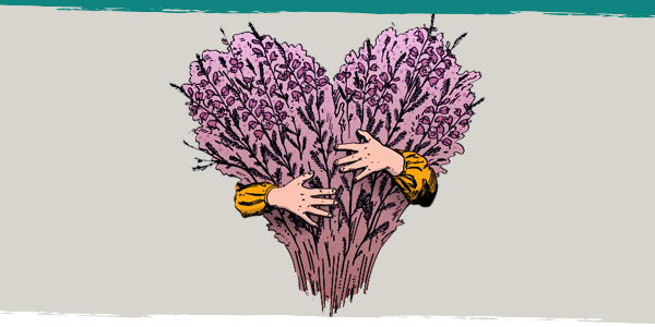 Illustration of arms hugging a heart-shaped bunch of heather