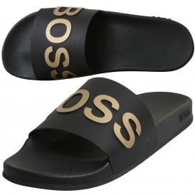 Bay Slider Sandals, Black/gold