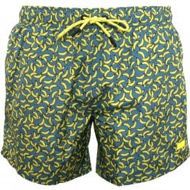 Bananas Print Swim Shorts, Teal/yellow