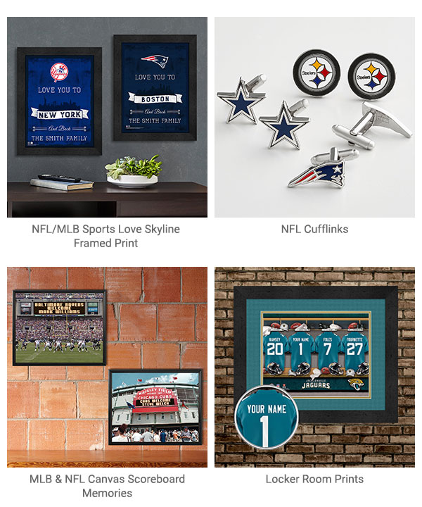 NFL/MLB Sports Love Skyline Framed Print, NFL Cufflinks, MLB & NFL Canvas Scoreboard Memories, Locker Room Prints
