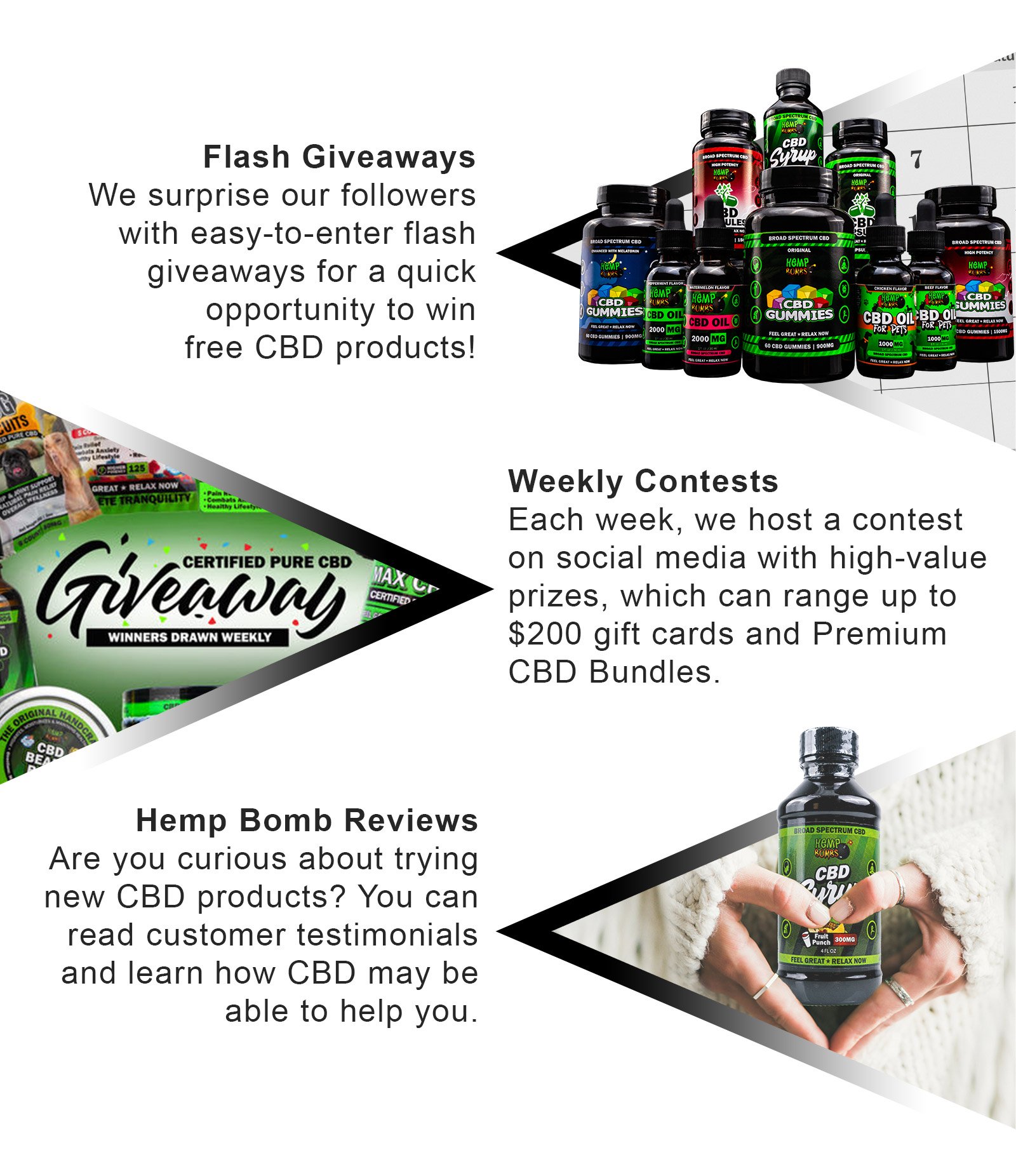 Flash Giveaways Aside from our weekly contest, we also surprise our followers with easy-to-enter flash giveaways for a quick opportunity to win free CBD products! Weekly Contests Each week, we host a contest on social media with high-value prizes, which can range up to $200 gift cards and Premium CBD Bundles.  Hemp Bomb Reviews Are you curious about trying new CBD products? You can read customer testimonials and learn how CBD may be able to help you.