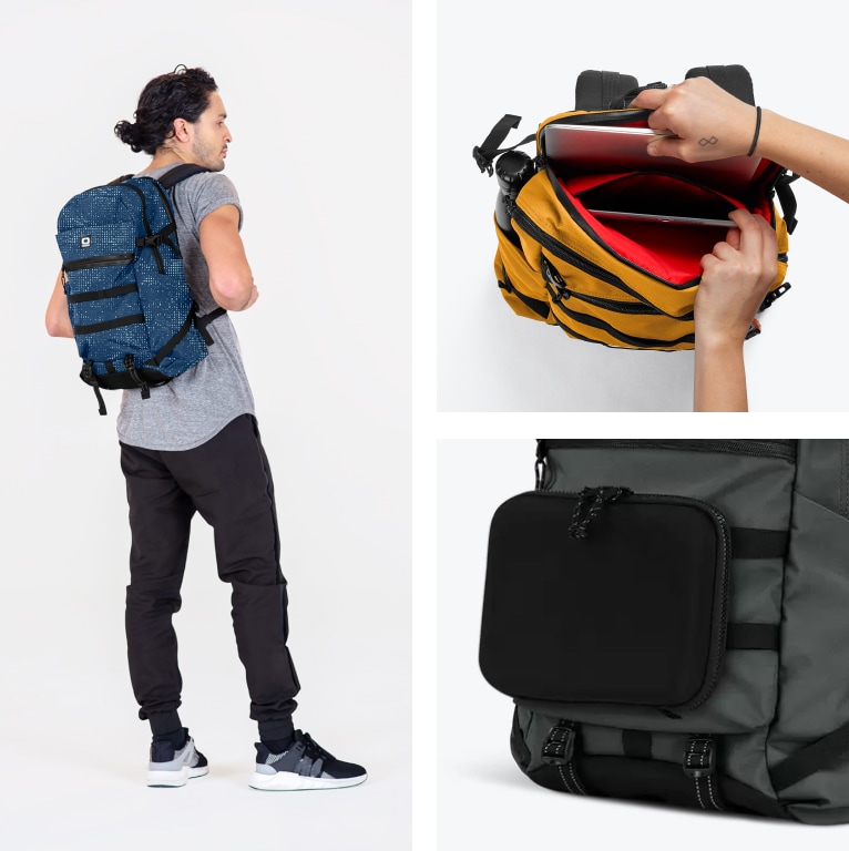 Close up shots of features and man modelling the 320 backpack