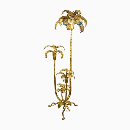 Image of Tall Italian Gold Palm Tree Lamp with Glass Shades & Shelf, 1950s