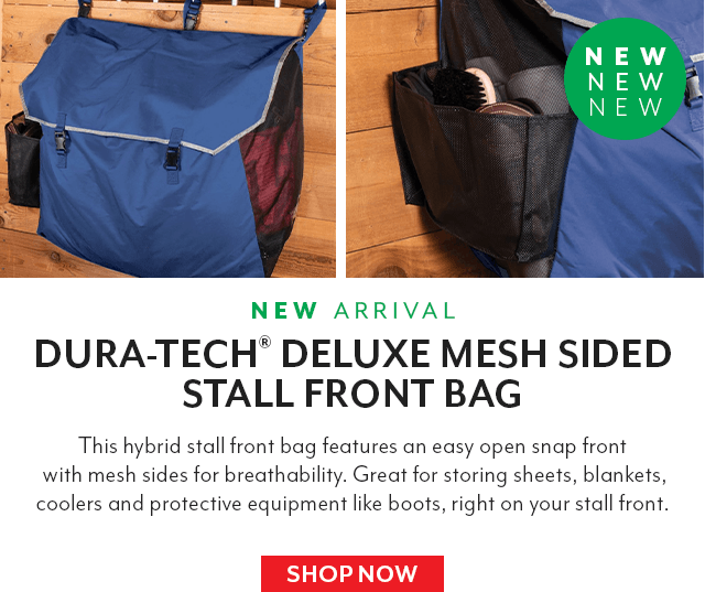 A new hybrid stall front bag that's great for storing sheets, blankets, coolers, and protective equipment like boots, right on your stall front. The mesh sides allow for optimum airflow so the items inside can air out and dry.