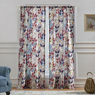 Polyester Panel Pair with Floral Prints and Two Tie Backs, Multicolor