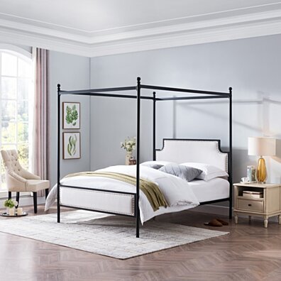 Asa Queen Size Iron Canopy Bed Frame with Upholstered Studded Headboard