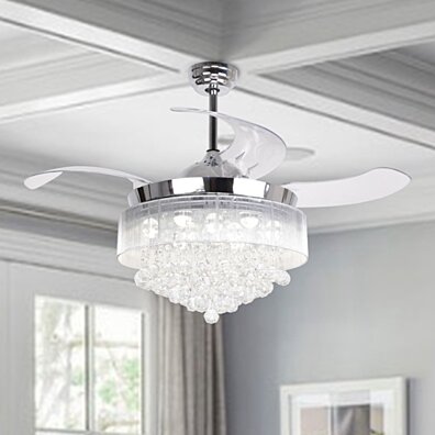 Modern Crystal LED Ceiling Fan With Retractable Blades,Chrome