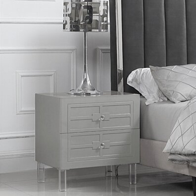 Assisi Nightstand Side Table with 2 Self-Closing Drawers Lacquer Acrylic Knob Legs