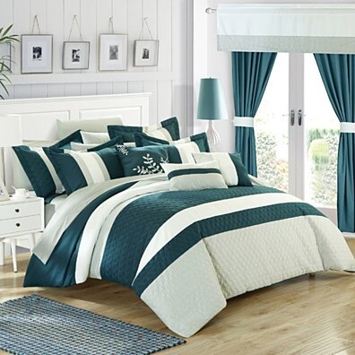 Chic Home 24 Piece Placido Complete Bedroom Set with Octagon Embroidery Color Block pattern