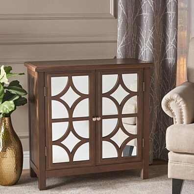 Melee Fir Wood Double Door Cabinet With Tempered Glass Accents