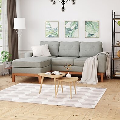 Penny Chaise Sectional Sofa Set, 2-Piece 3-Seater, Tufted, Exposed Wood, Mid-Century Modern