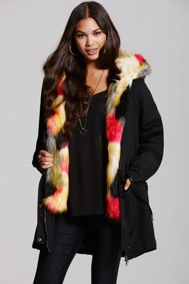 Black and Multi Coloured Faux Fur Trench Coat
