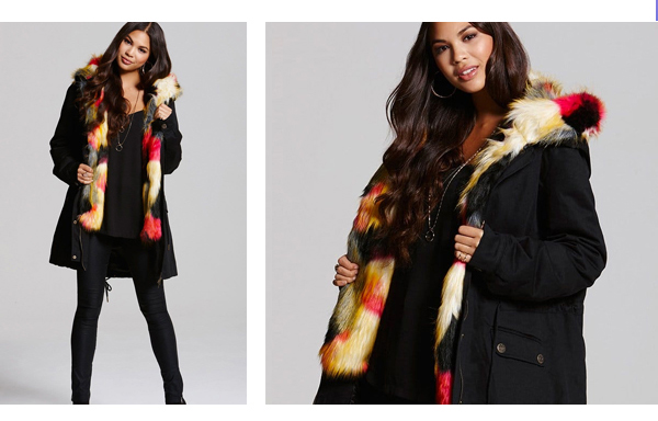 Little Mistress Black and Multi Coloured Faux Fur Trench Coat