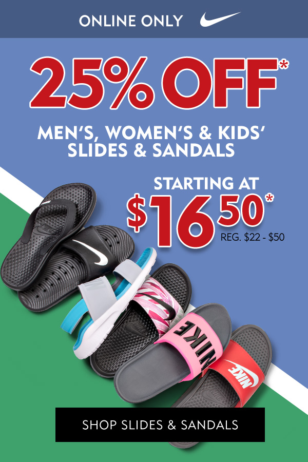 Online only 25% off Men''s, Women''s and Kids'' Nike Slides and Sandals starting at $16.50. Shop Slides and Sandals
