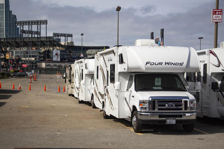 San Francisco officials have said they intend to house homeless people affected by the coronavirus in these 30 recreational vehicles parked near Oracle Park. Brian Howey / San Francisco Public Press