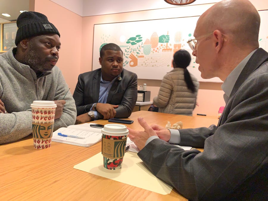 GOP Rep. Scott Allen, right, talks about improving relations with Democrats in the Assembly with Democratic Rep. Kalan Haywood, middle, and Republican Orlando Owens of Milwaukee.