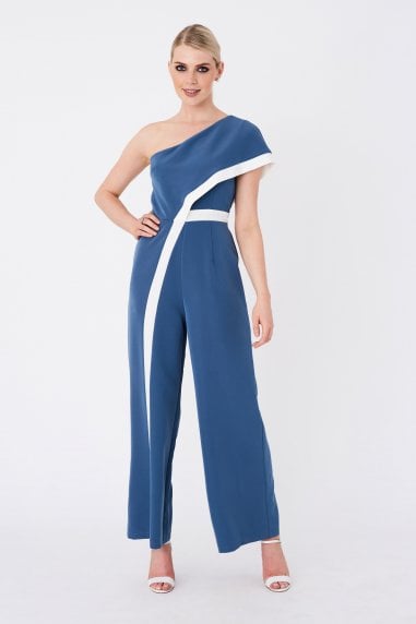 Farrell Prussian Blue Contrast Stripe One-Shoulder Jumpsuit