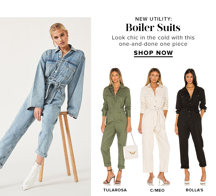 New Utility: Boiler Suits. Look chic in the cold with this one-and-done one piece. Shop Now.